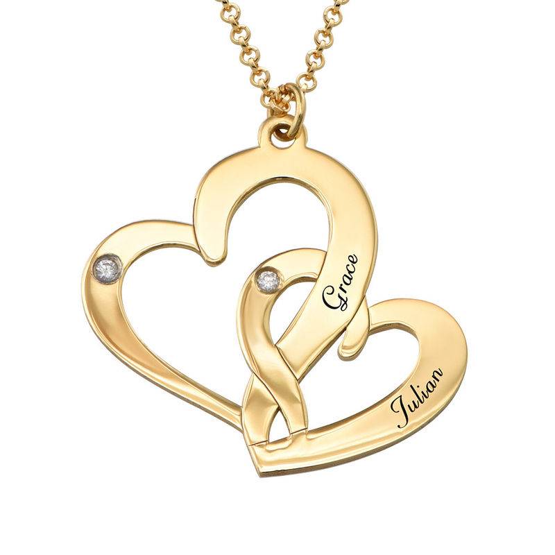 Engraved Two Heart Necklace Gold Plated with Diamonds product photo