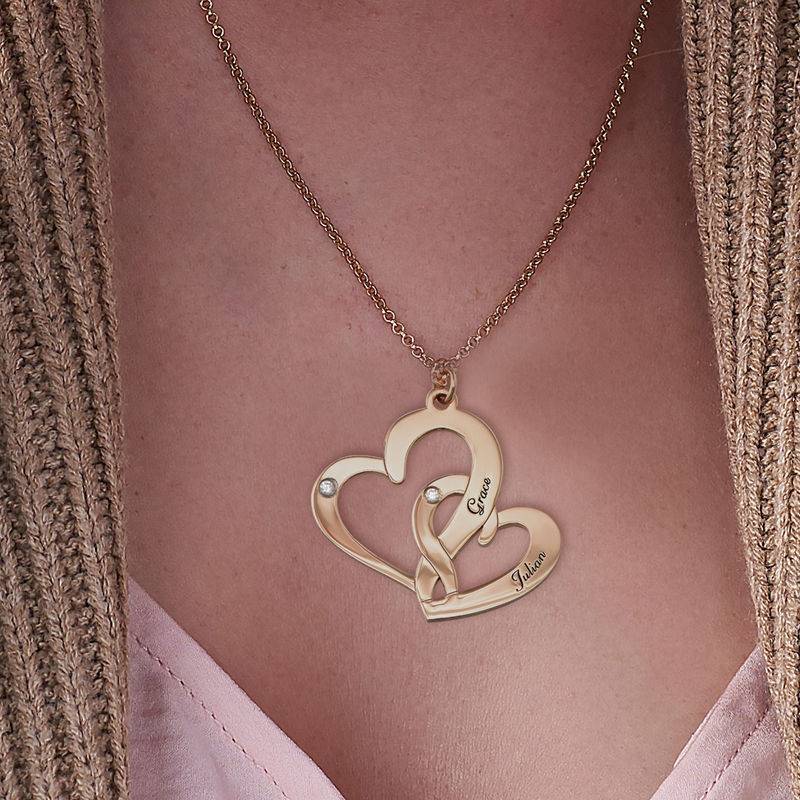 Engraved Two Heart Necklace Gold Plated  with Diamonds product photo