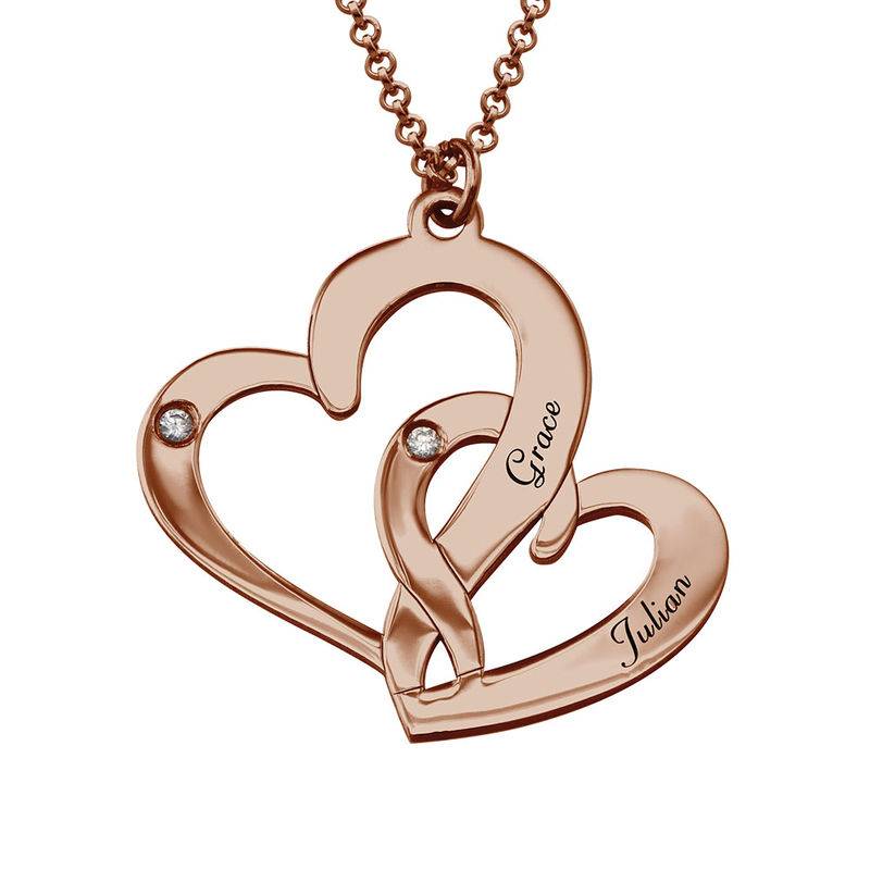 Engraved Two Heart Necklace Rose Gold Plated with Diamonds-2 product photo
