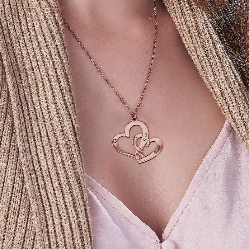 Engraved Two Heart Necklace Rose Gold Plated  with Diamonds product photo
