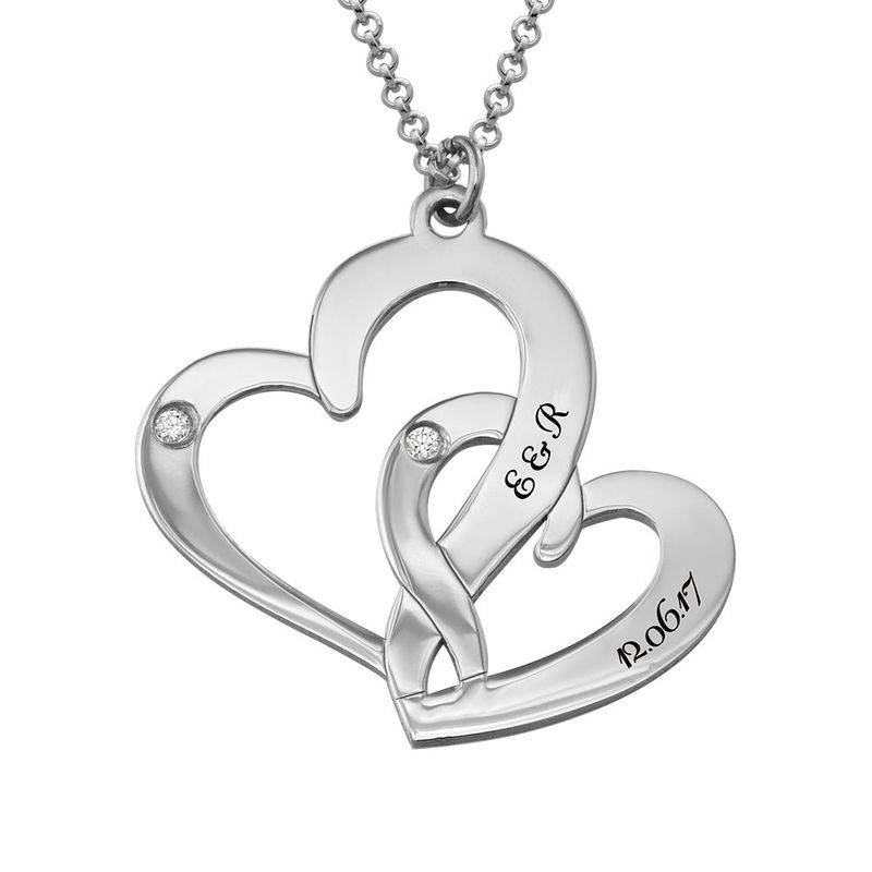 Engraved Two Heart Necklace Sterling Silver with Diamonds-2 product photo