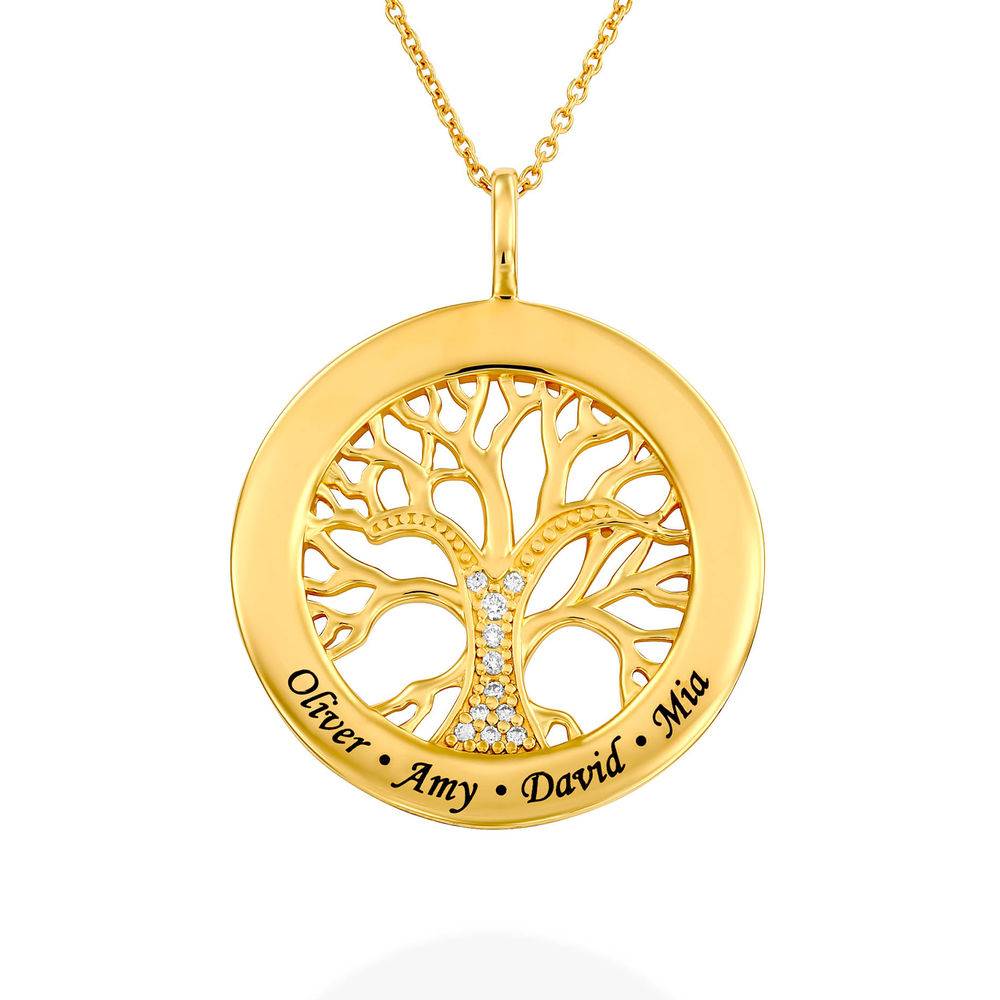 Family Tree Circle Necklace with Cubic Zirconia in Gold Plating with Diamond product photo