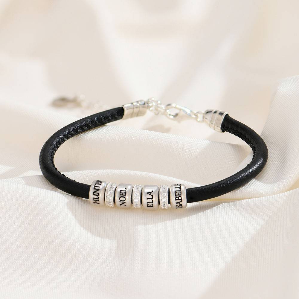 Zirconia Vegan-Leather Bracelet with Sterling Silver Beads-3 product photo