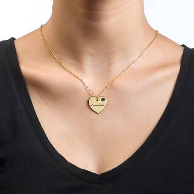 Gold Plated Engraved Heart Necklace with Birthstone-2 product photo