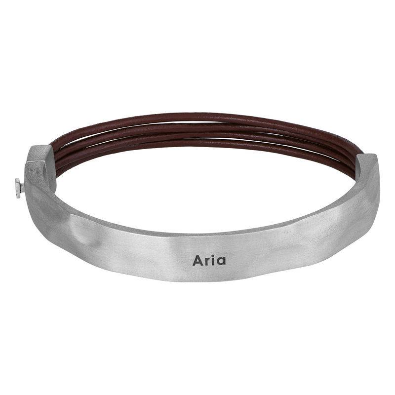 Half Cuff Bracelet in Silver with Brown Leather Chain-1 product photo
