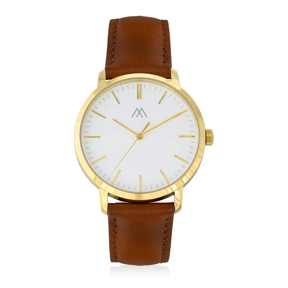 Hampton Engraved Minimalist Watch for Men with Brown Leather Strap product photo