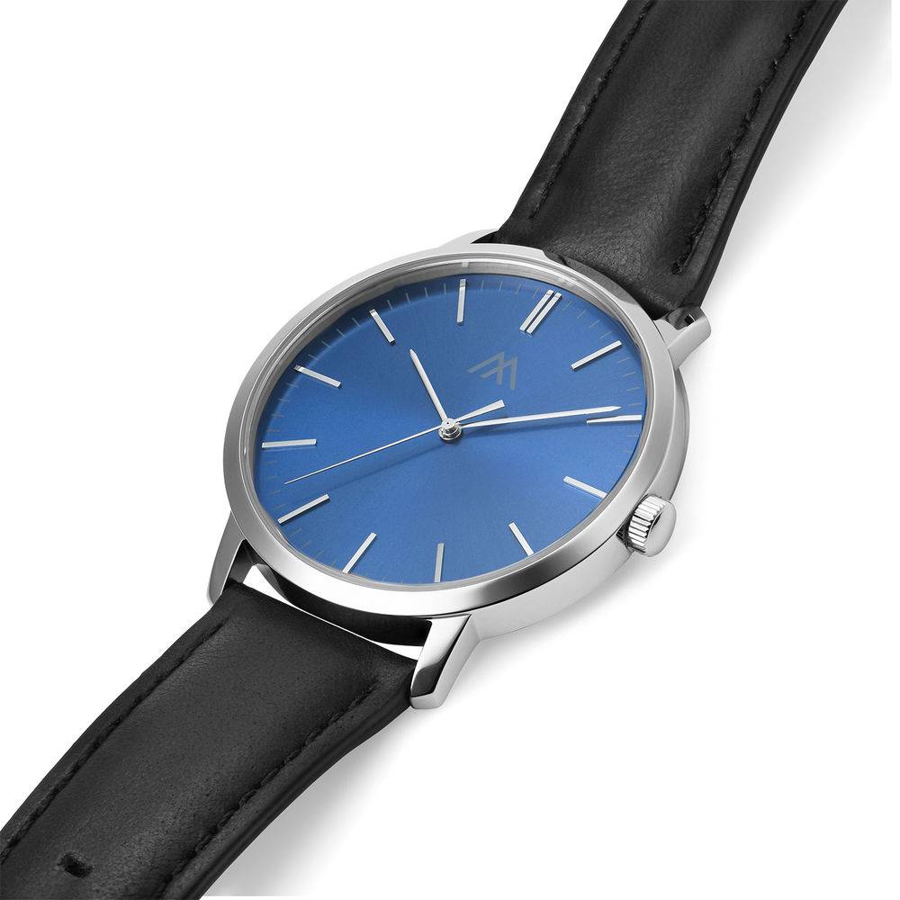 Hampton Minimalistisk svart läderbandsklocka för män med blå urtavla-2 produktbilder