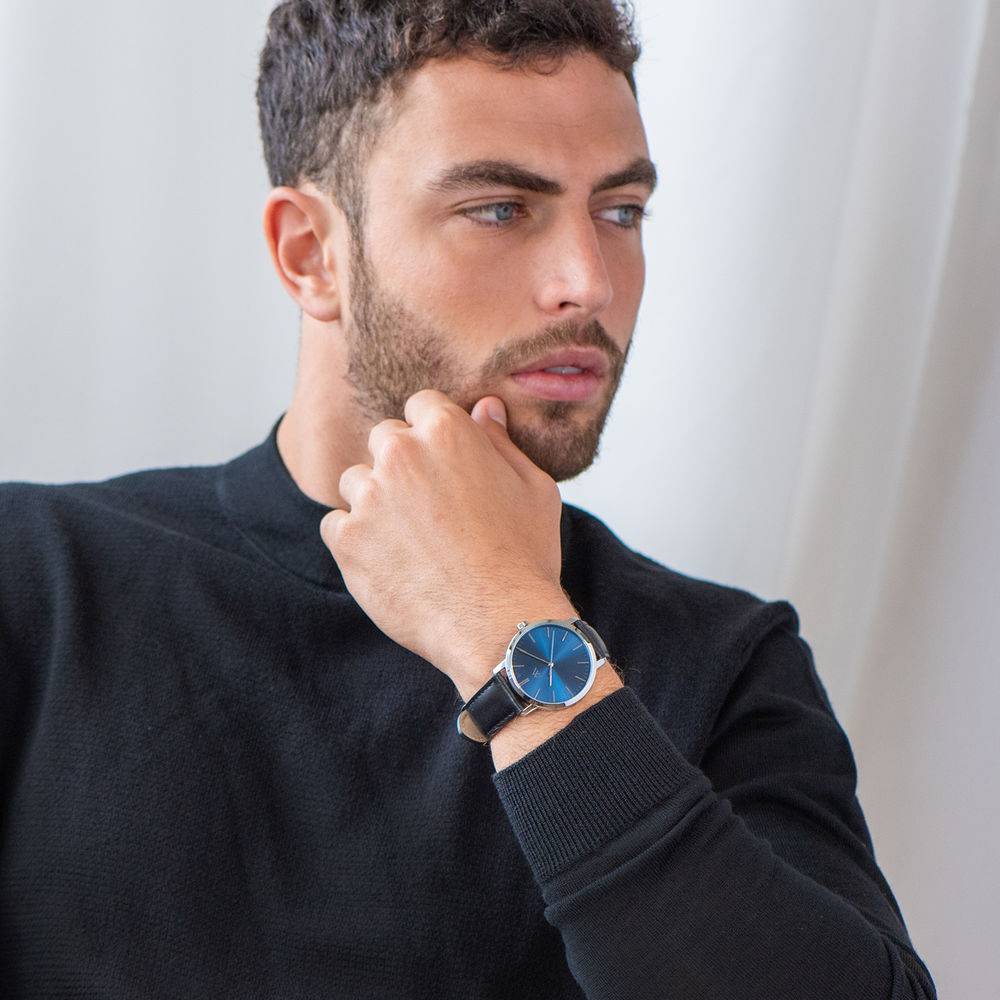 Hampton Minimalistisk svart läderbandsklocka för män med blå urtavla-6 produktbilder