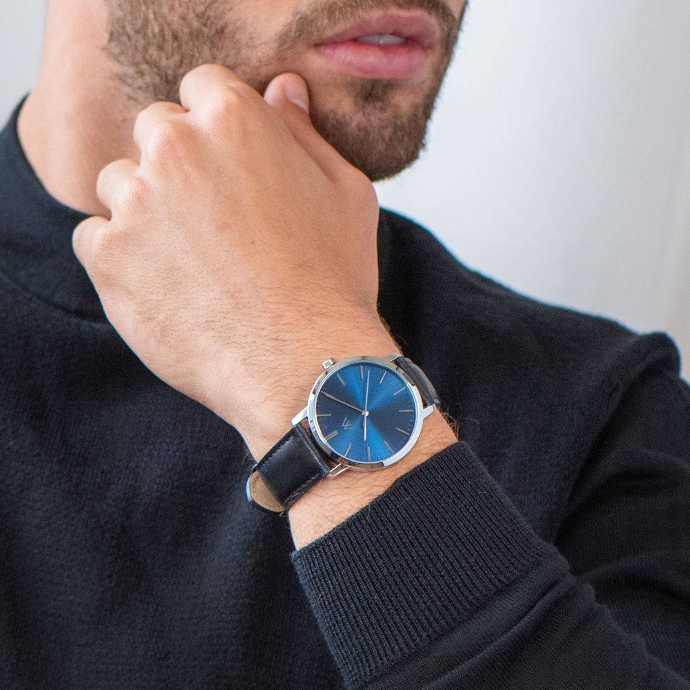 Hampton Minimalistisk svart läderbandsklocka för män med blå urtavla-9 produktbilder