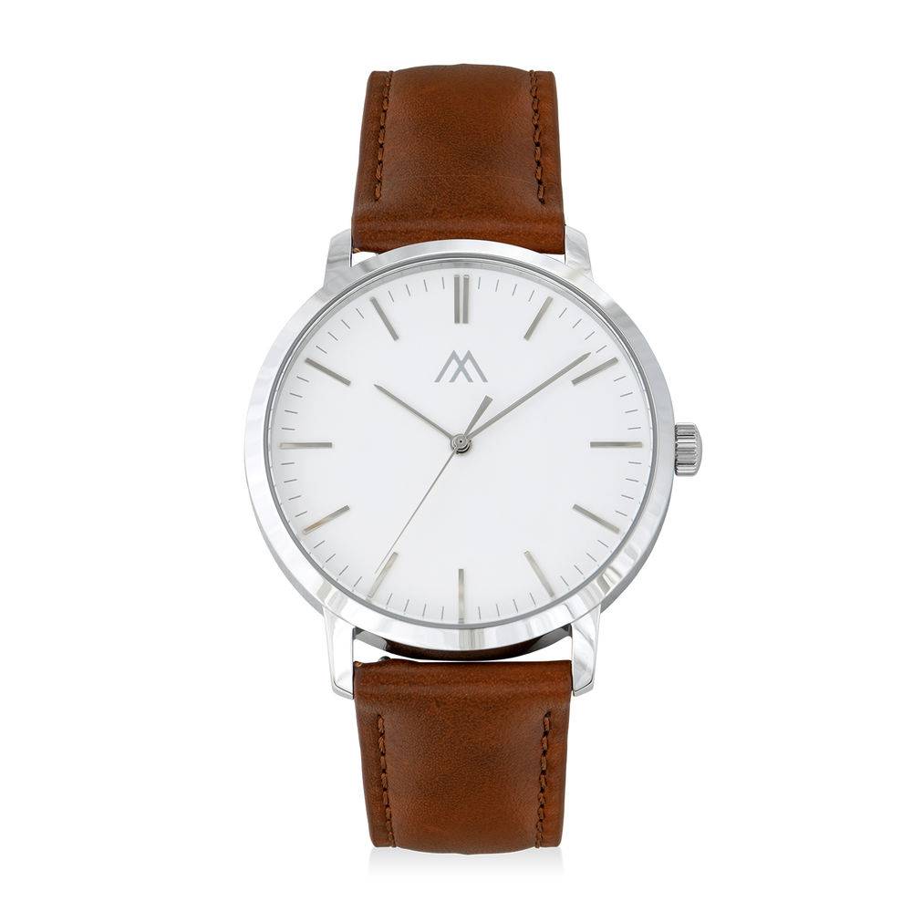 Hampton Minimalist Brown Leather Band Watch for Men with White Dial-1 product photo