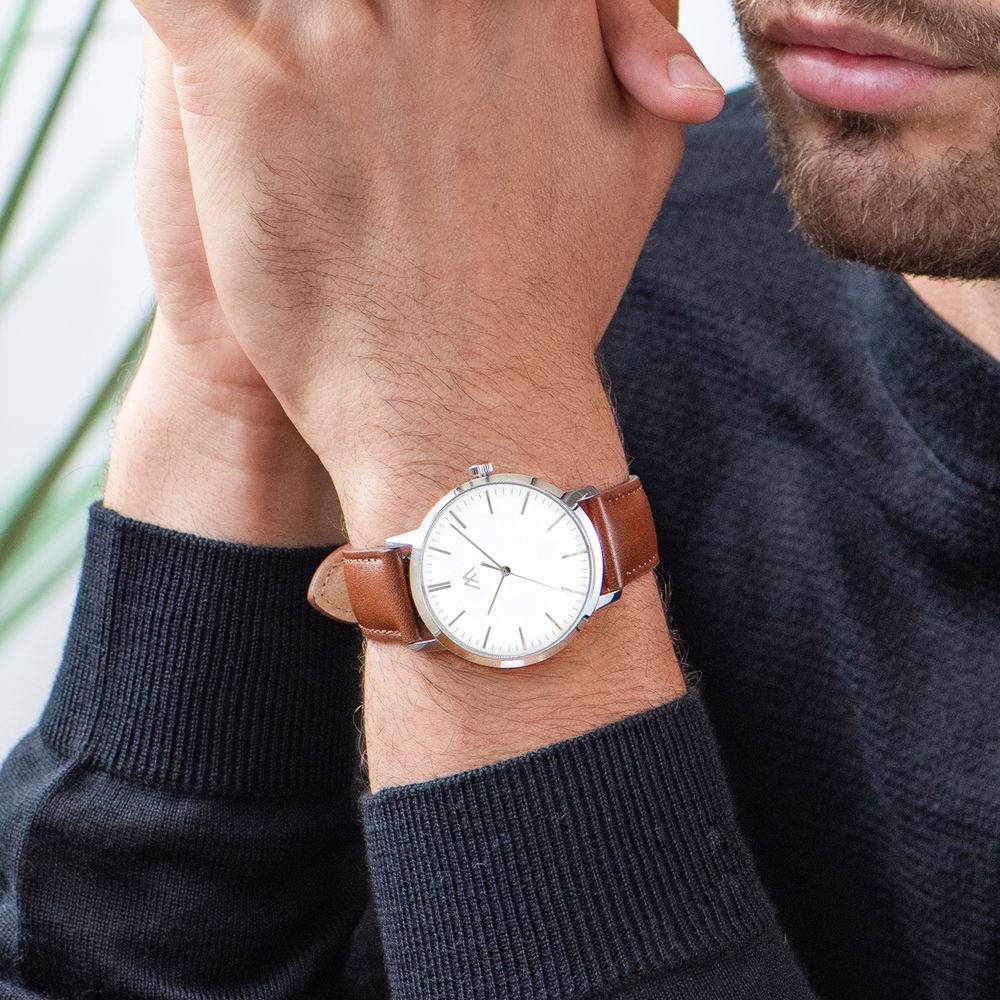 Hampton Minimalist Brown Leather Band Watch for Men with White Dial-10 product photo