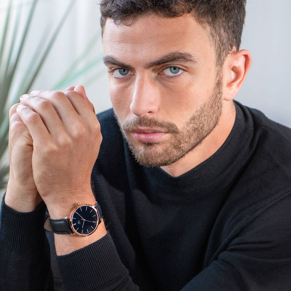 Hampton gepersonaliseerde minimalistische horloge met zwart lederen band-3 Productfoto