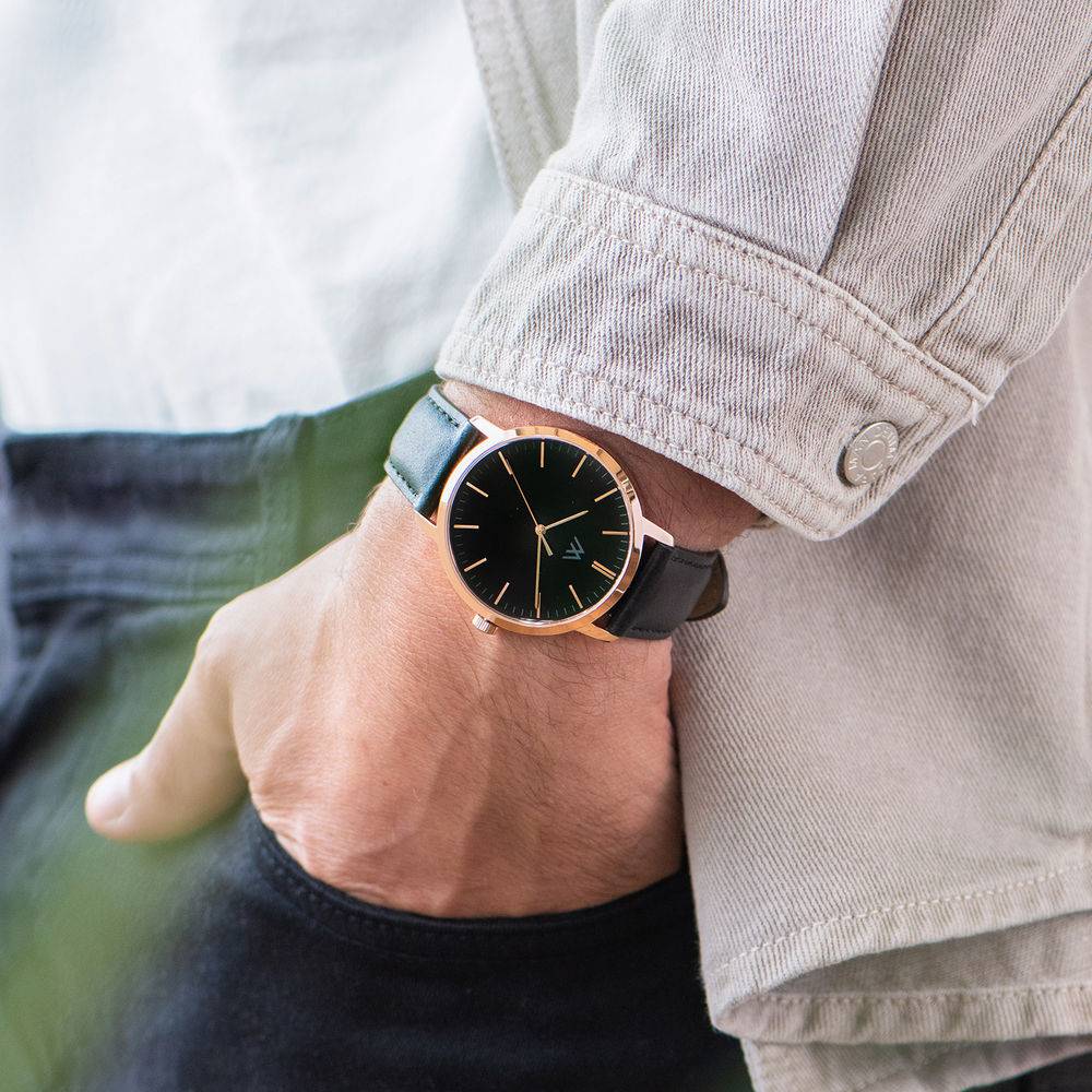 Hampton gepersonaliseerde minimalistische horloge met zwart lederen band-9 Productfoto