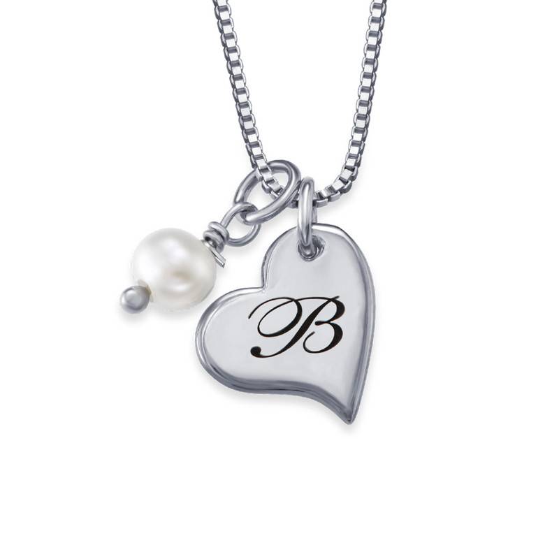 Heart Initial Necklace with pearl in Sterling Silver product photo