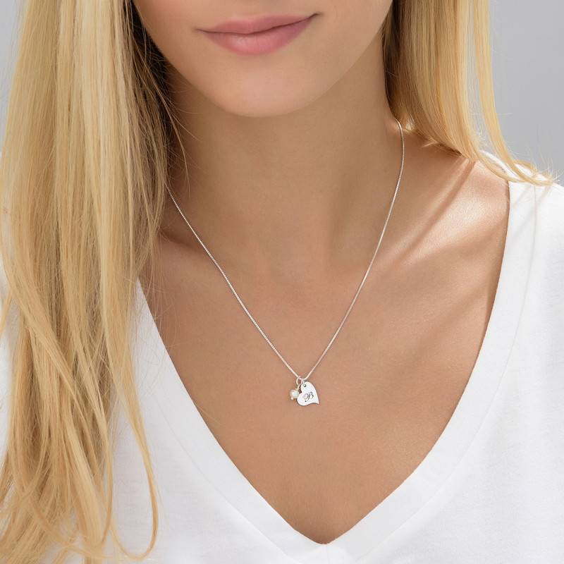 Heart Initial Necklace with pearl in Sterling Silver-4 product photo