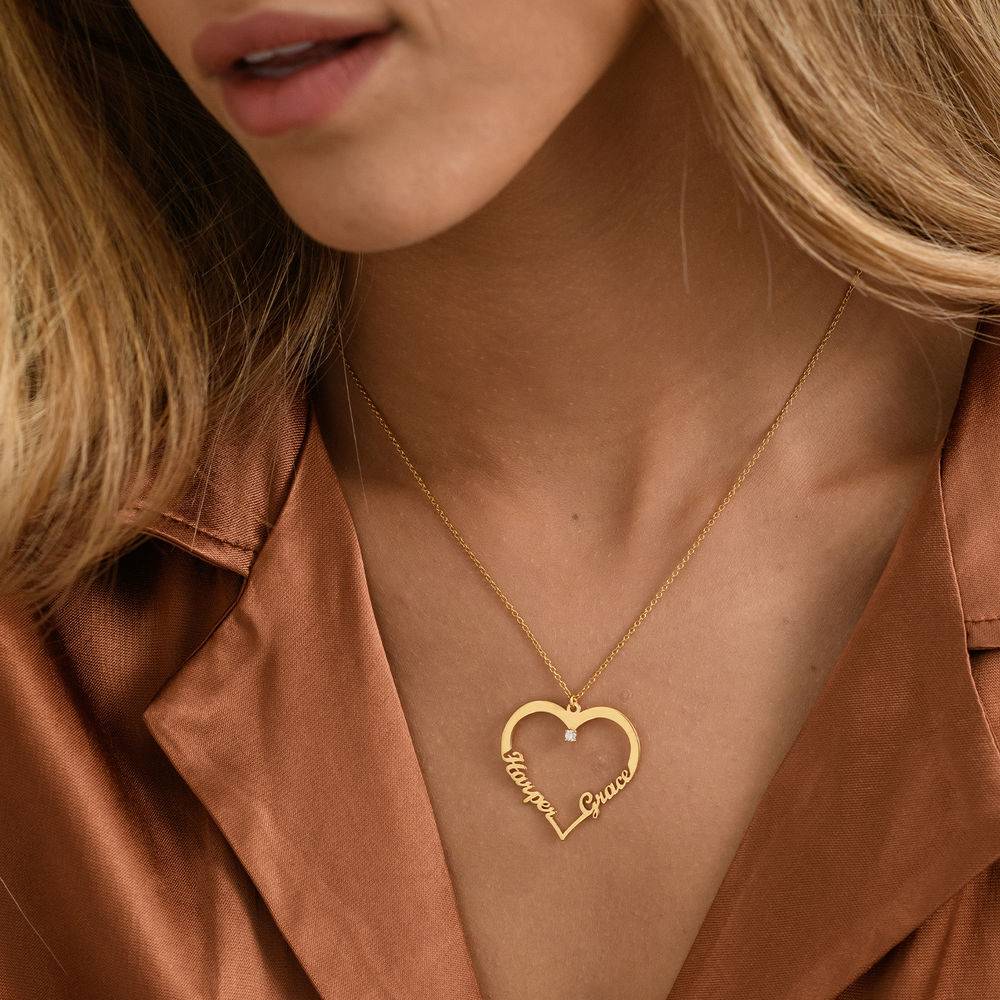 Contour Heart Pendant Necklace with Two Names in 18ct Gold Plating with Diamond product photo