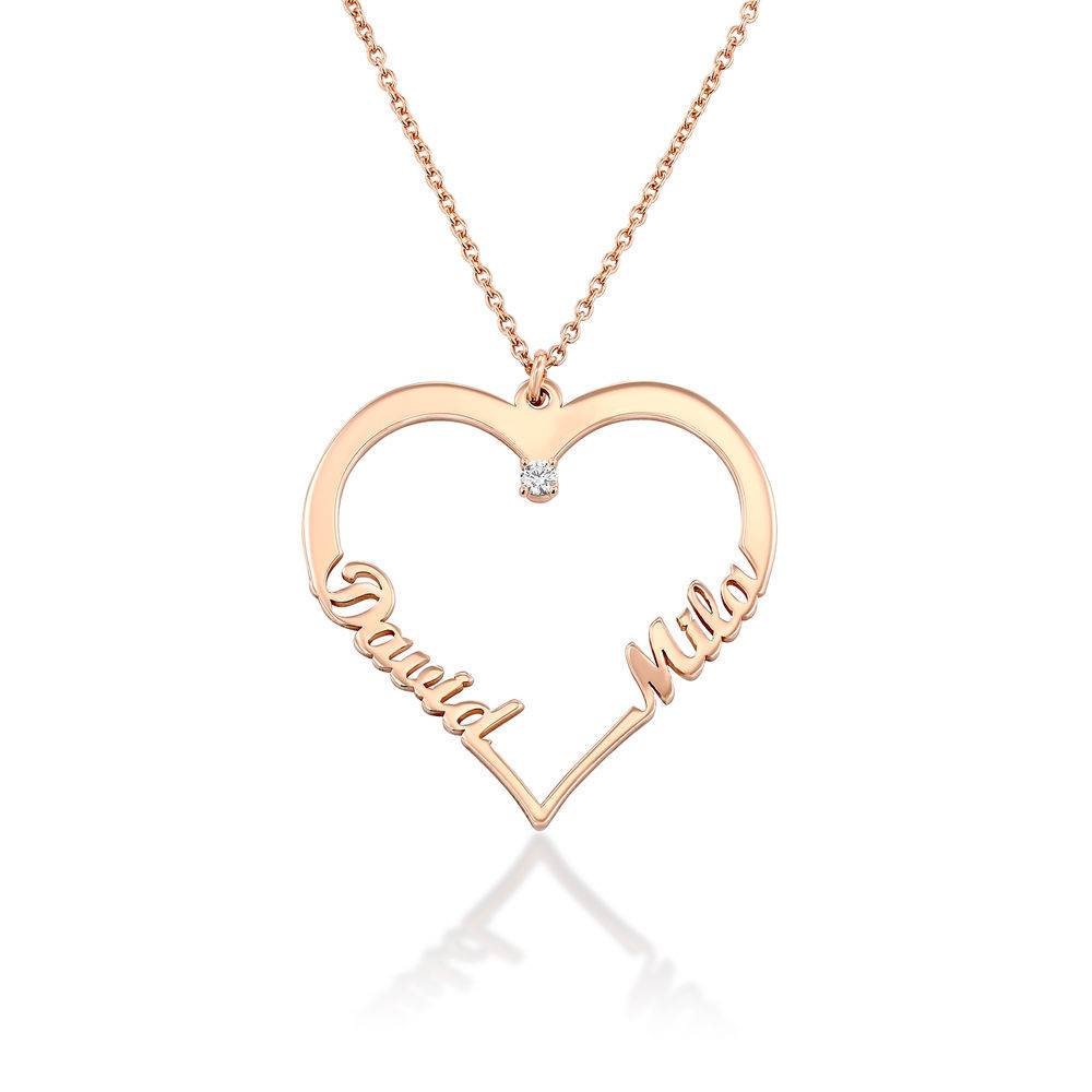 18k rosé goud vergulde hartvormige ketting met twee namen en diamant-1 Productfoto