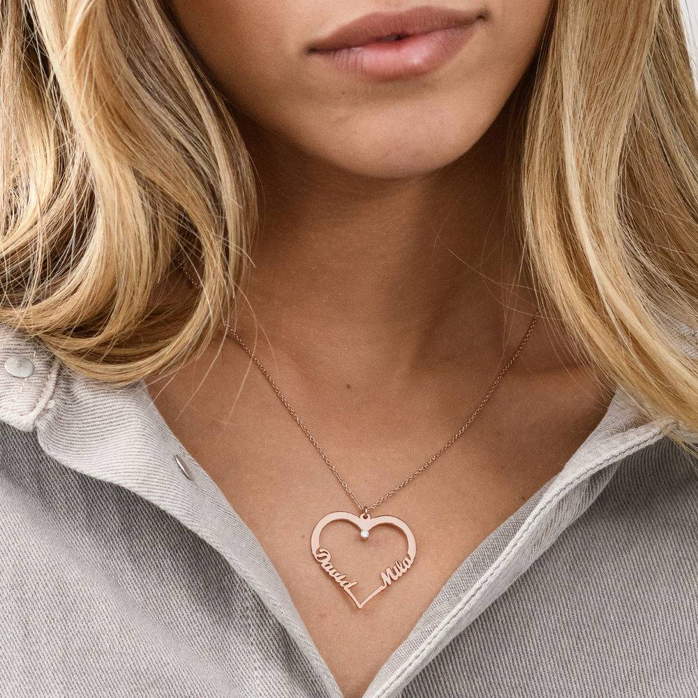 Contour Heart Pendant Necklace with Two Names in 18ct Rose Gold Plating with 0.05ct Diamond-4 product photo