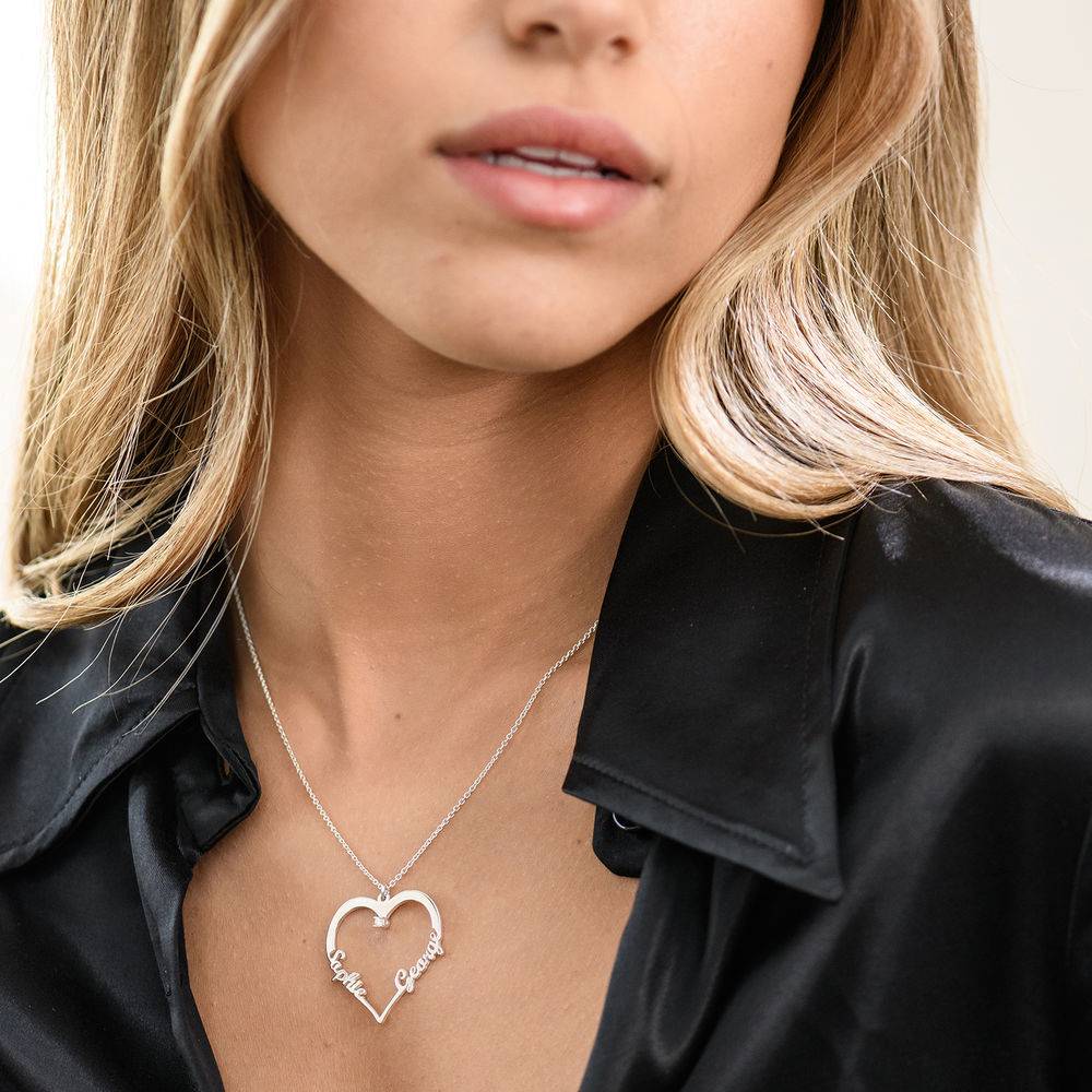Kontur halskjede med hjerteanheng med to navn i sterlingsølv med diamant-2 produktbilde