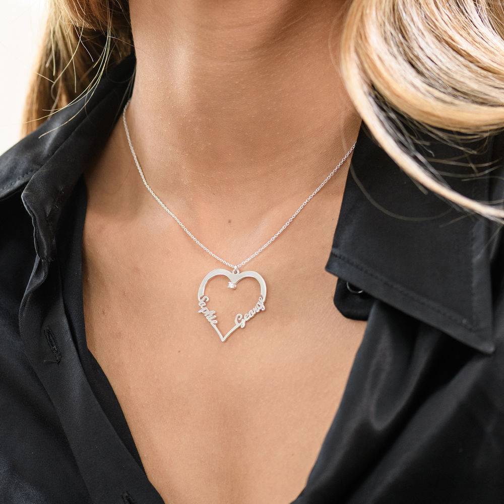 Collar "Contour Heart" con dos nombres con 0.05ct diamante en plata de ley-2 foto de producto