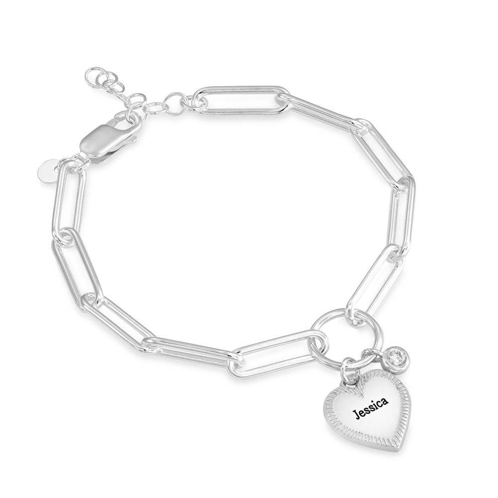Heart Pendant Link Bracelet with Diamond in Sterling Silver-2 product photo