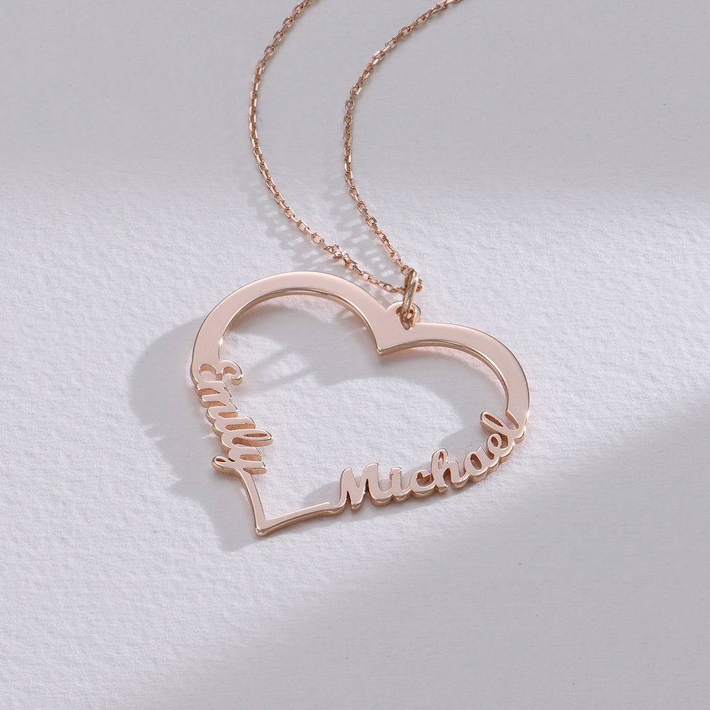 Contour Heart Pendant Necklace with Two Names in 14K Rose Gold-3 product photo
