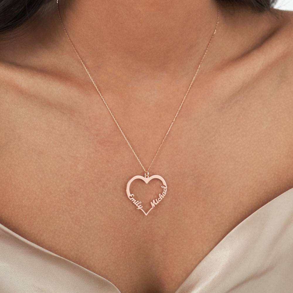 Contour Heart Pendant Necklace with Two Names in 14K Rose Gold-2 product photo