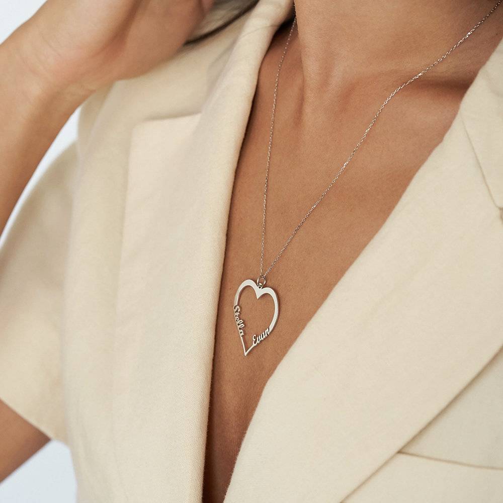 Contour Heart Pendant Necklace with Two Names in 14k White Gold-1 product photo