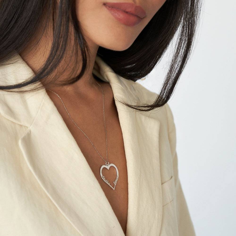 Contour Heart Pendant Necklace with Two Names in 14k White Gold-4 product photo