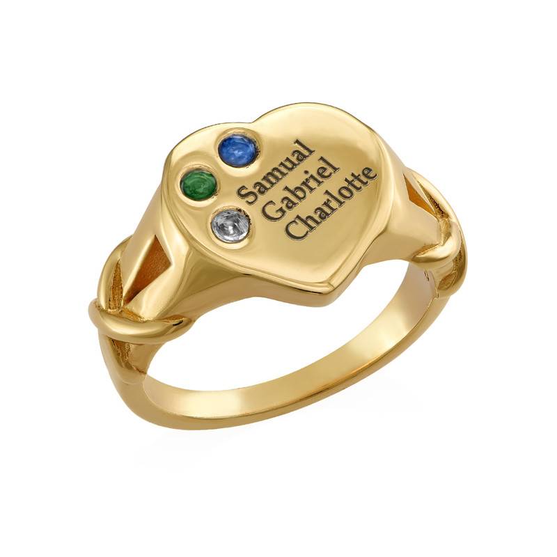 Heart Shaped Signet Mothers Ring with Birthstones - Gold Plated product photo