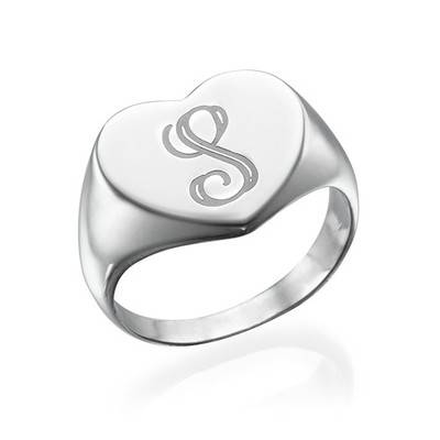 Heart Shaped Silver Signet Ring with Initial product photo