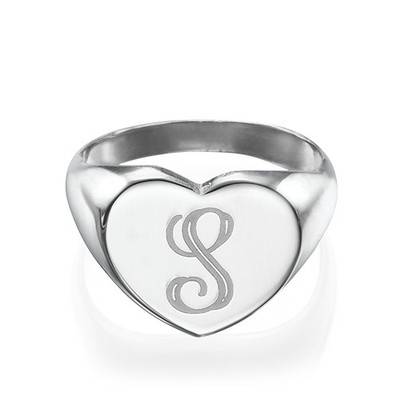Heart Shaped Silver Signet Ring with Initial-2 product photo