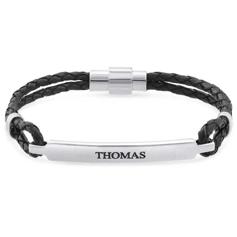 ID Bracelet for Men in Stainless Steel and Black Leather in Stainless Steel-4 product photo