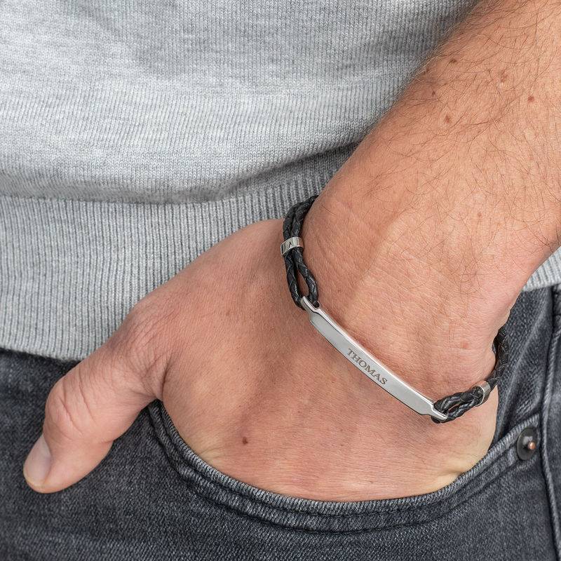ID-armband för män i rostfritt stål och svart läder-3 produktbilder