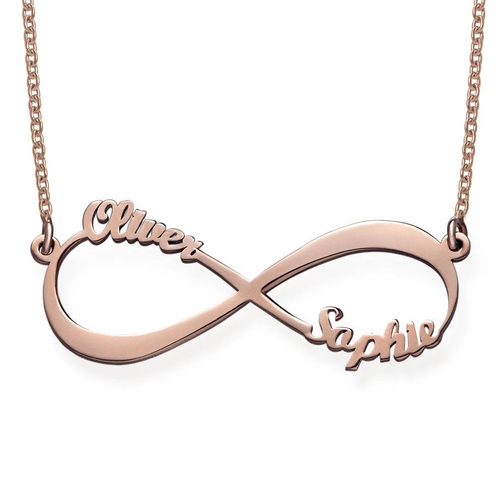 Infinity halskæde med navn i rosaforgyldt sølv produkt billede