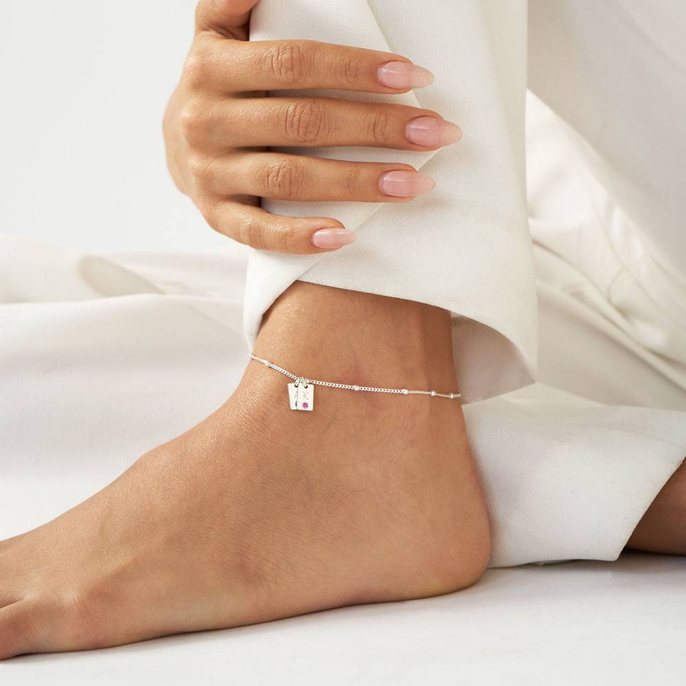Initial Birthstone Tag Anklet in Sterling Silver-3 product photo