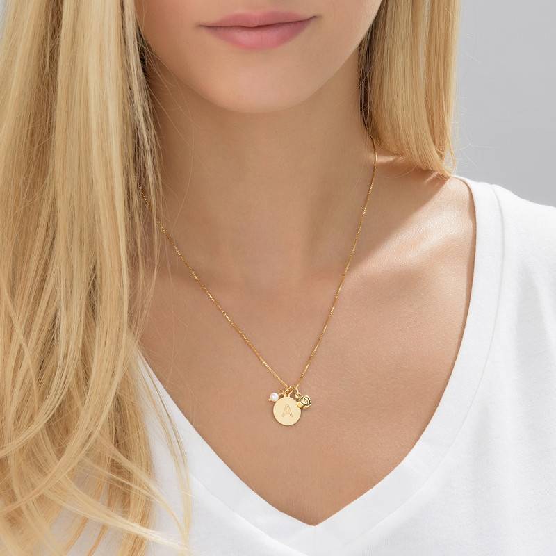 Initial Circle Necklace with pearl and rose charm in 18ct Gold Plating-4 product photo