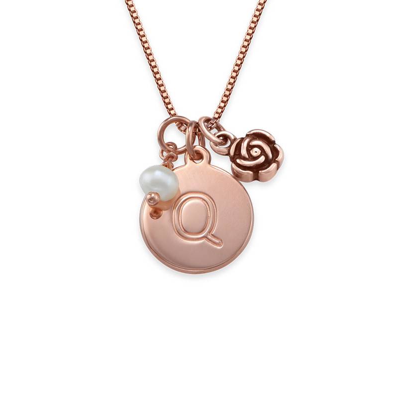 Initial Circle Necklace with pearl and rose charm in 18ct Rose Gold product photo