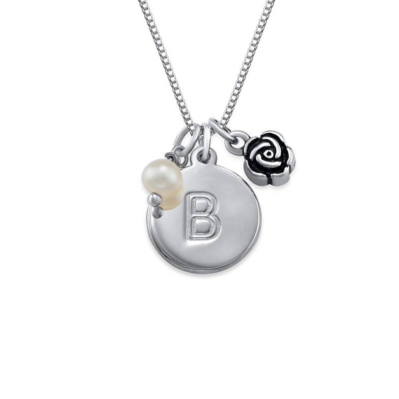 Initial Circle Necklace with pearl and rose charm in Silver product photo