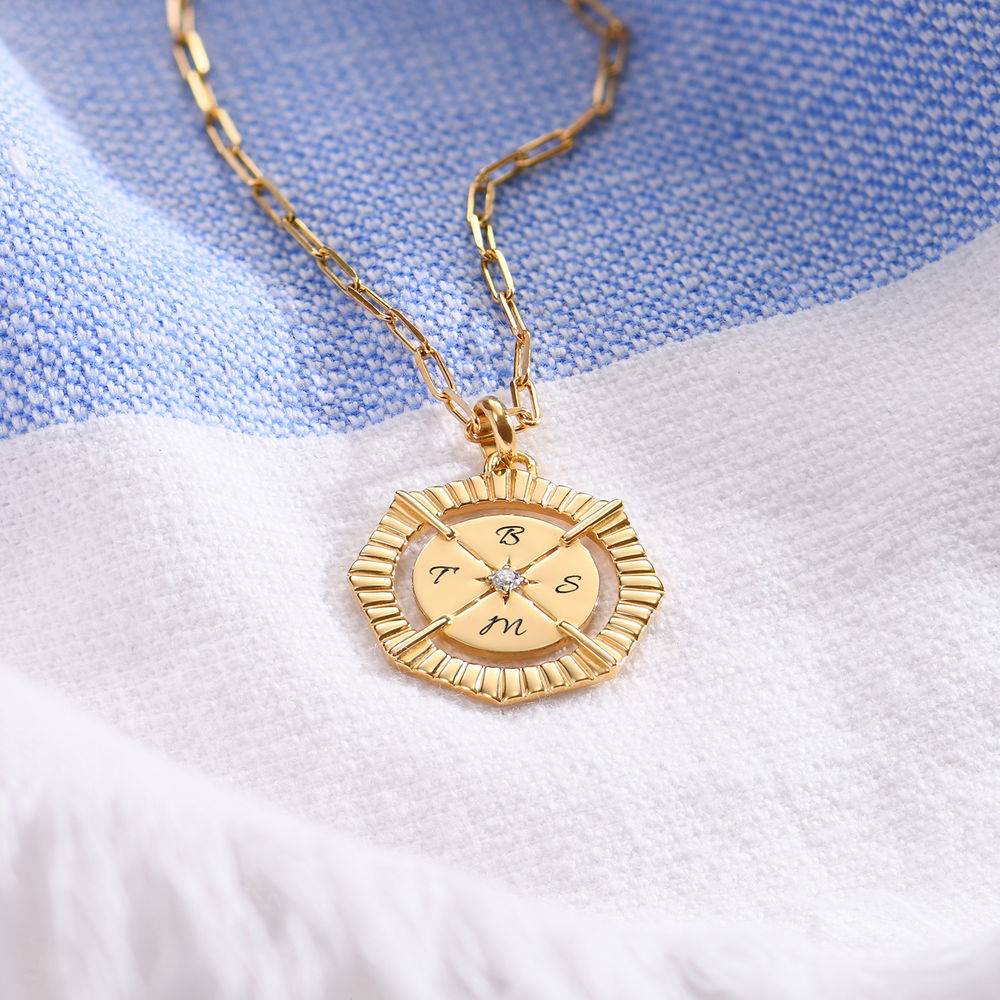 Initial Octagon Compass Necklace With Cubic Zirconia in Vermeil-1 product photo