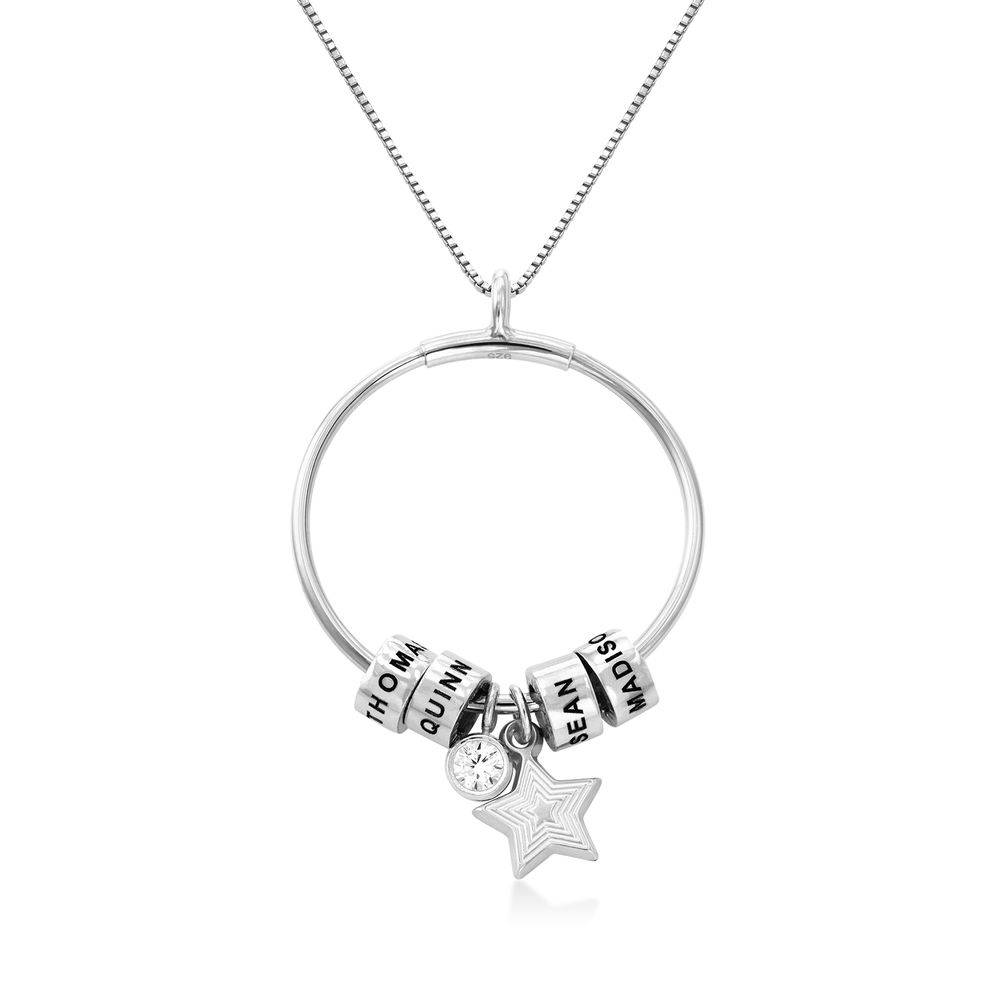 Grote Gegraveerde Cirkel Hanger Linda ™ Ketting met Gepersonaliseerde Kralen en Diamant in Sterling Zilver-1 Productfoto