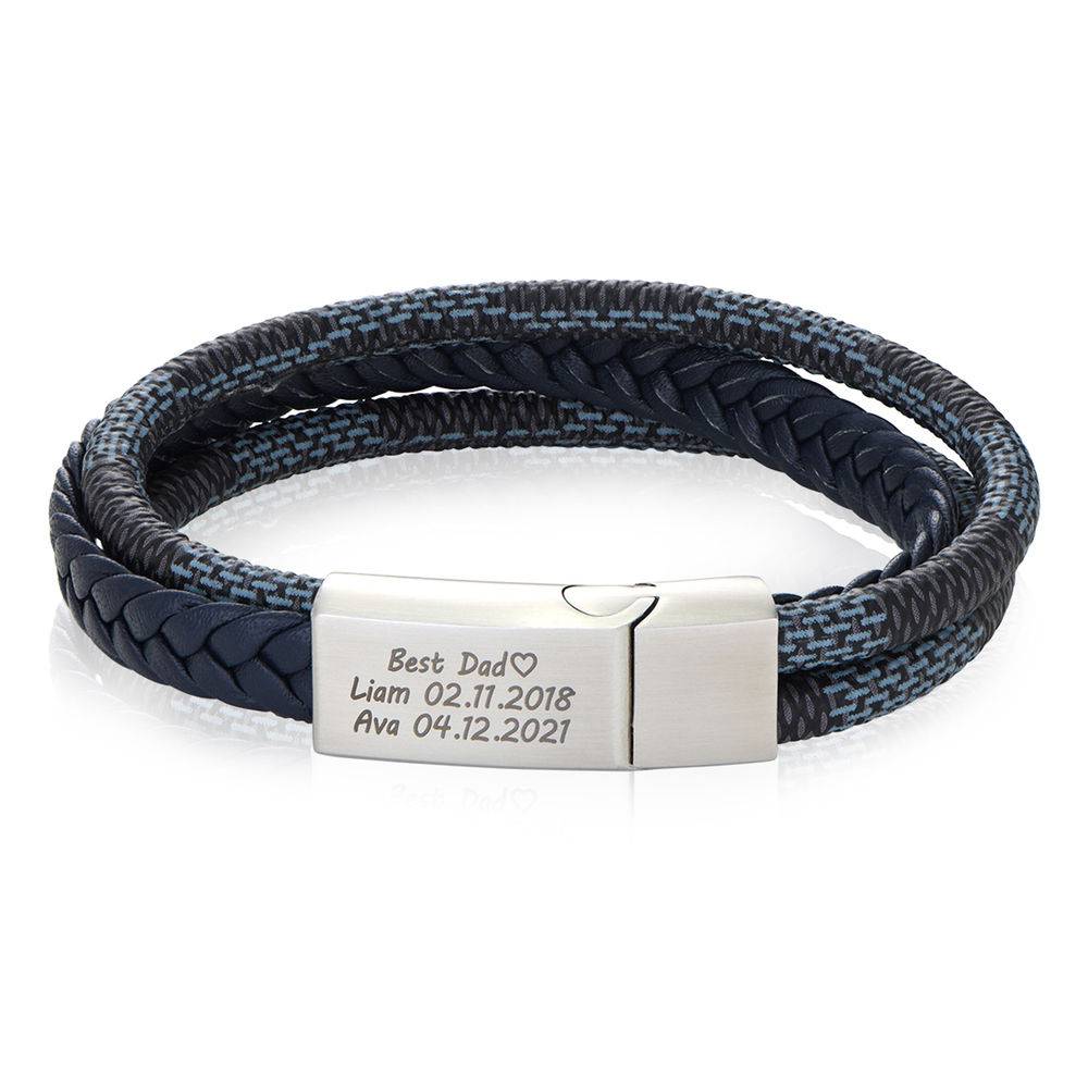 Men's 3-Layer Blue & Grey Braided Leather Bracelet in Silver product photo