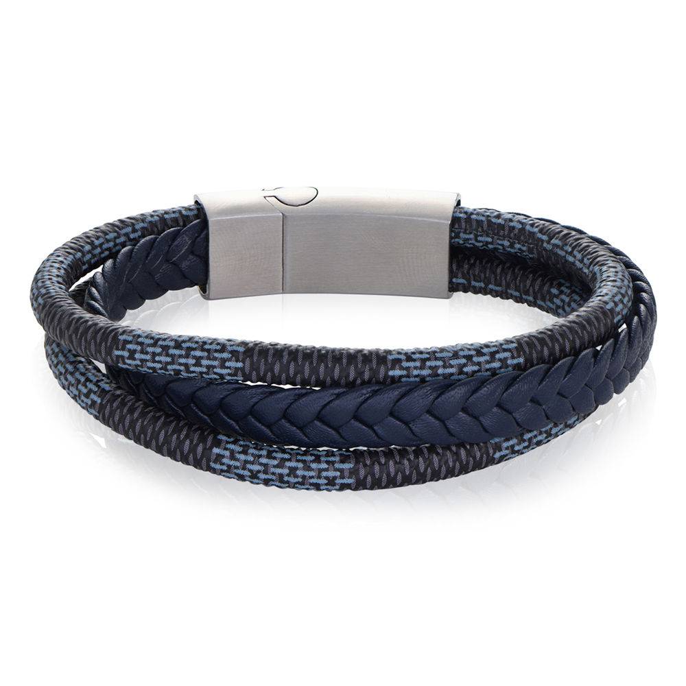 Men's 3-Layer Blue & Grey Braided Leather Bracelet in Silver-3 product photo