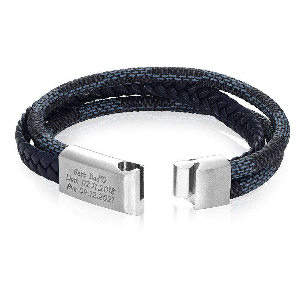 Men's 3-Layer Blue & Grey Braided Leather Bracelet in Stainless Steel-3 product photo