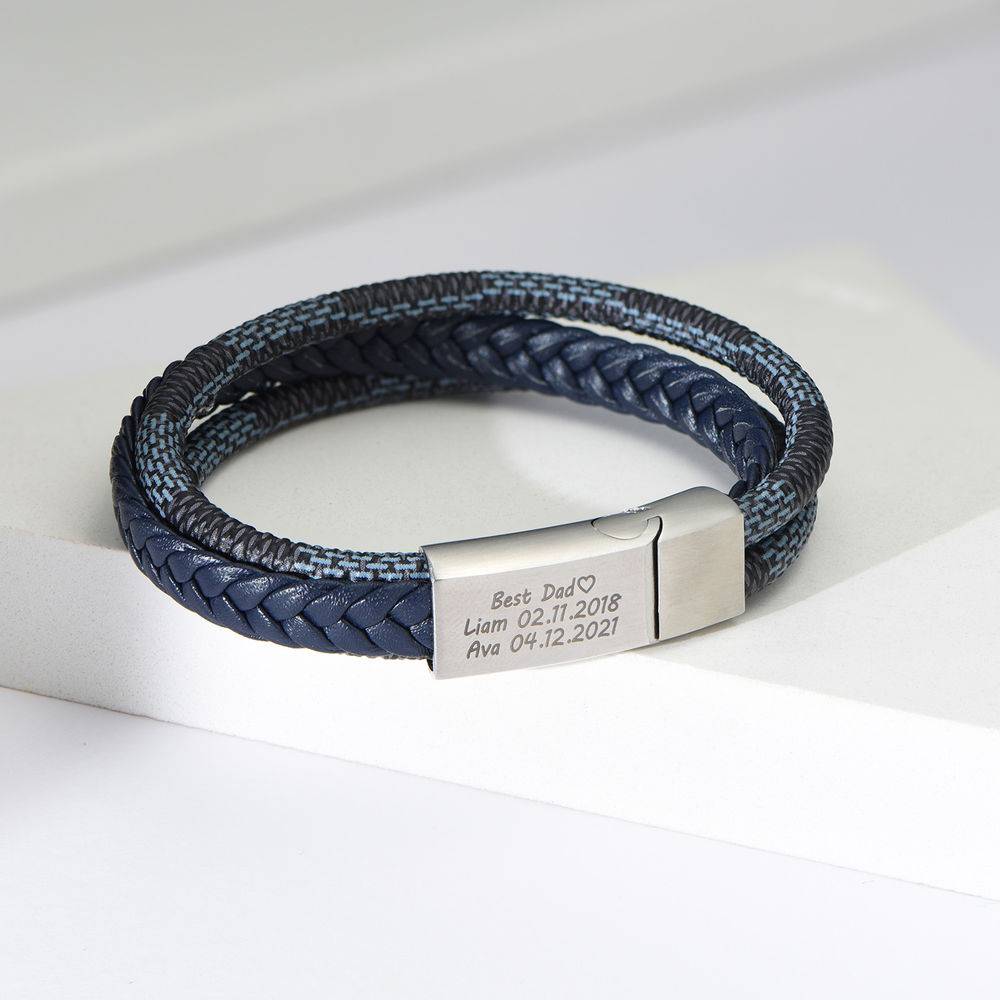 3 lager blått och grått flätad läderarmband med rostfritt stål för män-5 produktbilder