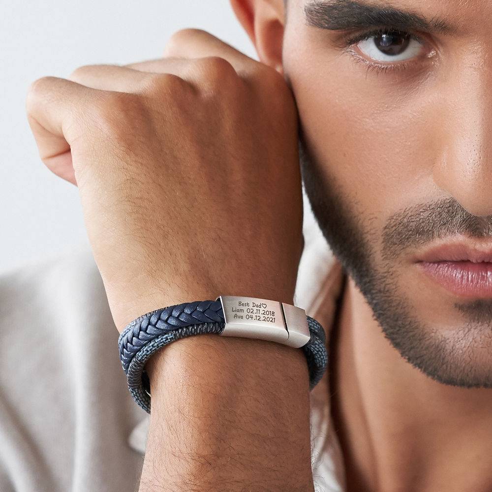 Men's 3-Layer Blue & Grey Braided Leather Bracelet With Stainless Steel-6 product photo