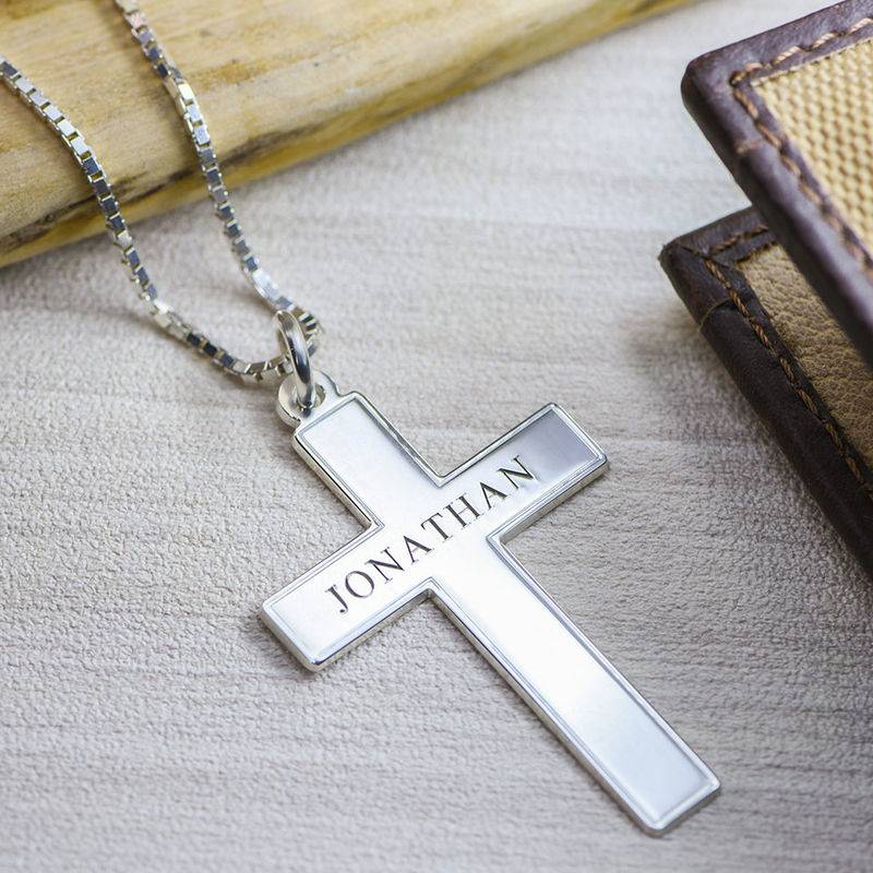 Men's Engraved Cross Necklace in Sterling Silver-3 product photo