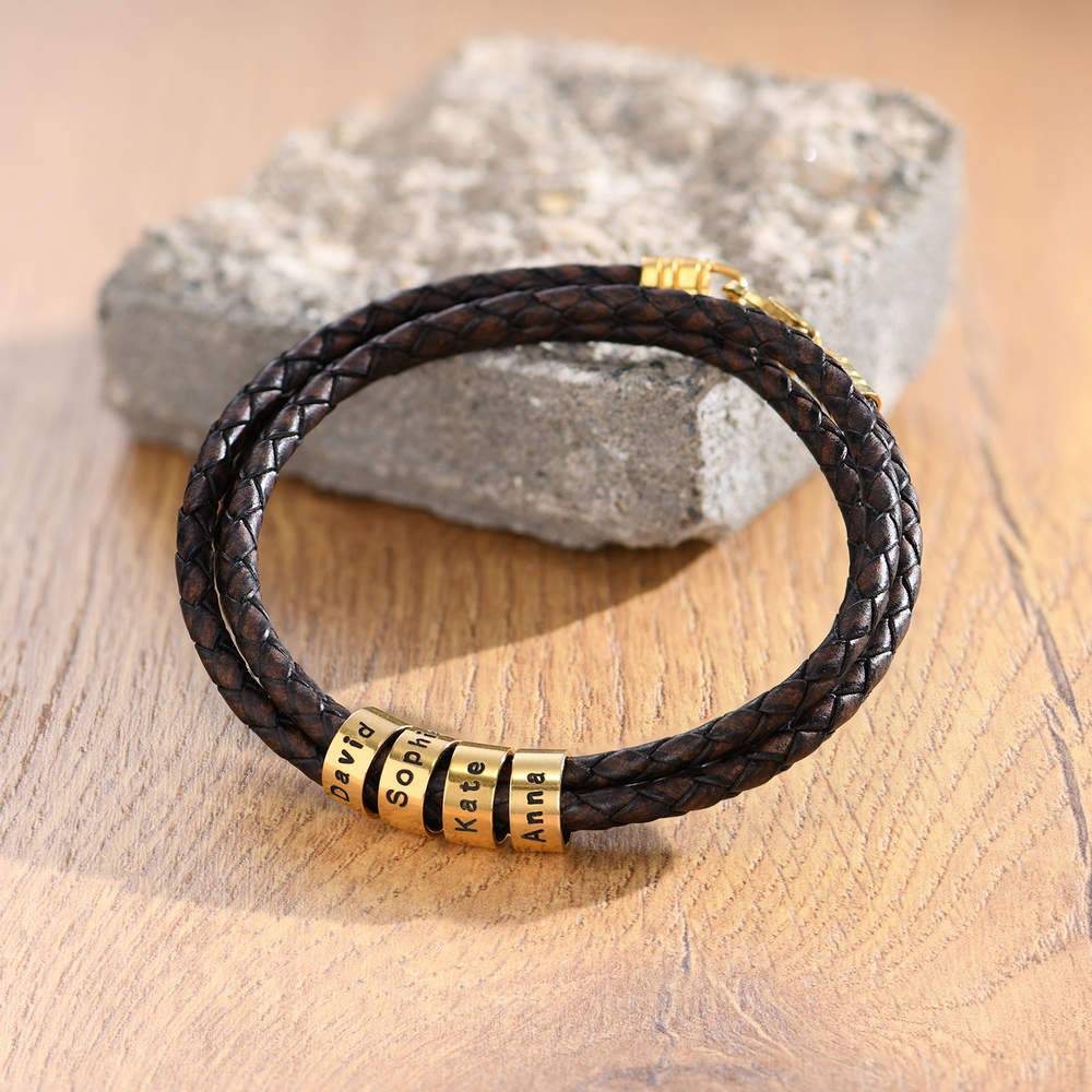 Navigator Braided Brown Leather Bracelet with Custom Beads in Gold Plating product photo