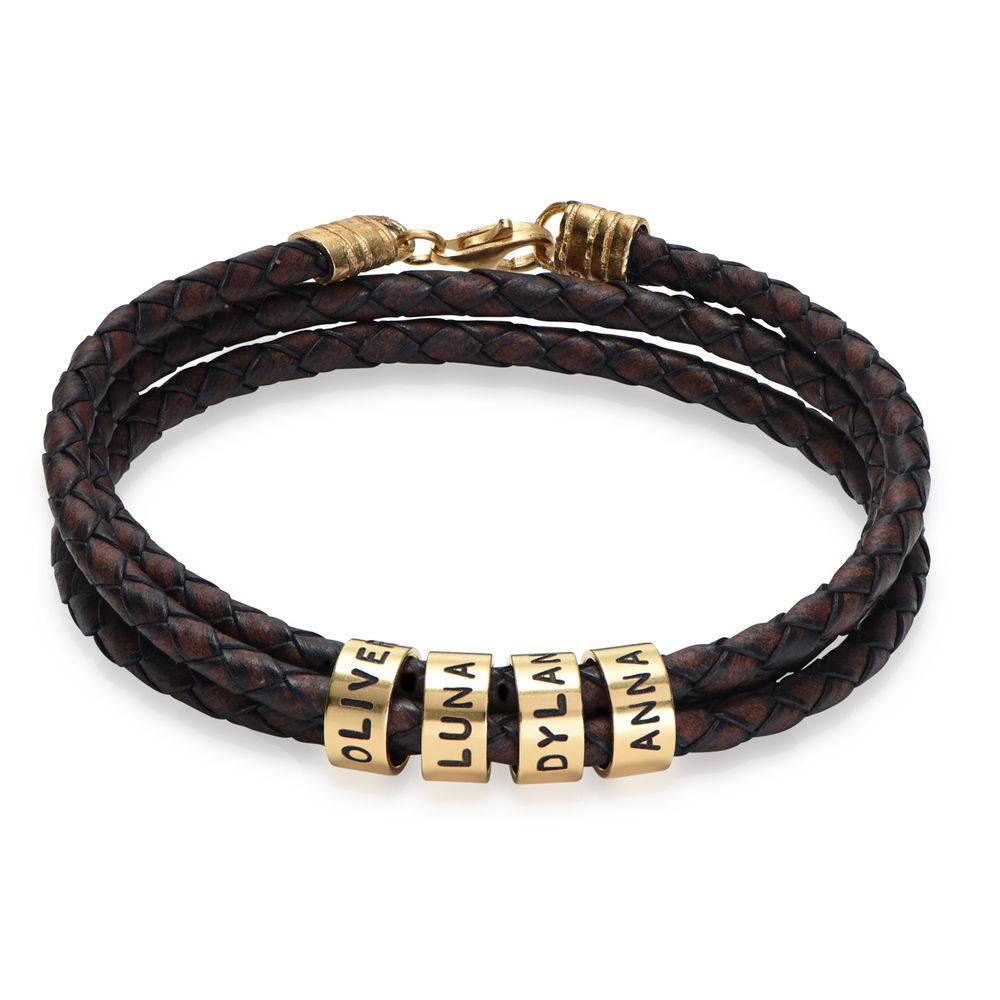 Navigator Braided Brown Leather Bracelet with Custom Beads in 18k product photo