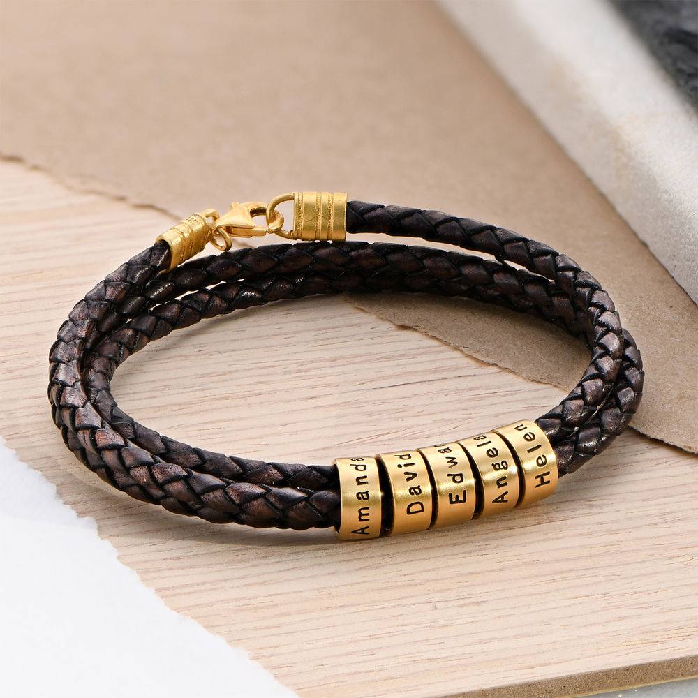 Navigator Braided Brown Leather Bracelet with Custom Beads in 18k Gold Vermeil-2 product photo